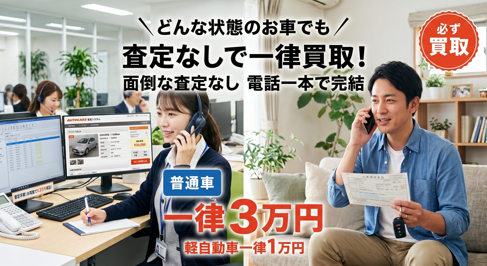 査定なしで一律買取。普通車一律3万円・軽自動車一律1万円。電話一本で完結
