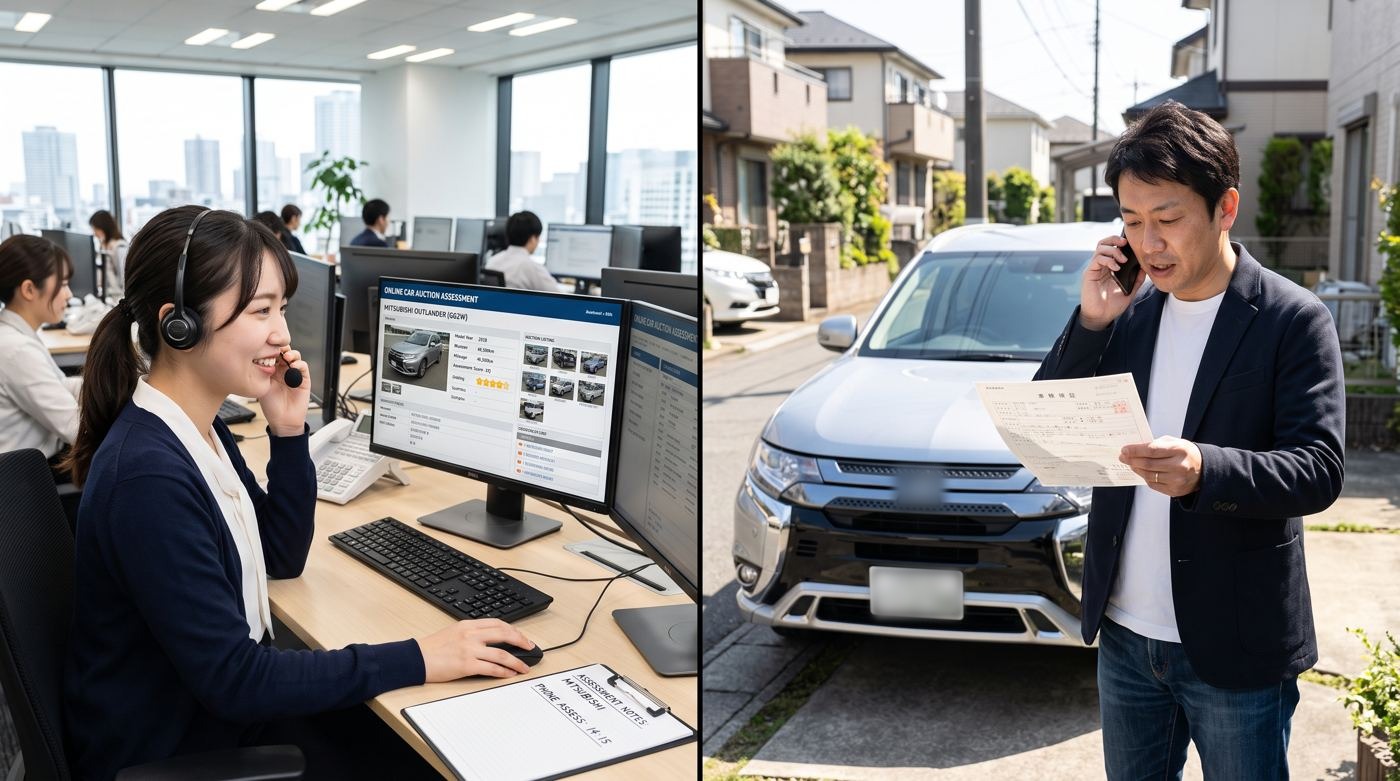 電話とオークション相場で査定するスタッフと、車検証を確認するお客様